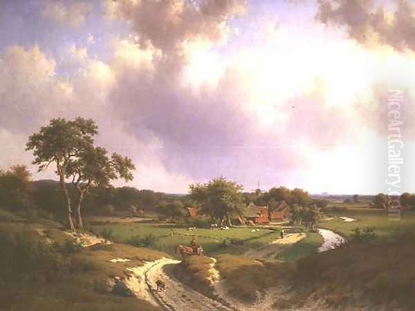 An extensive landscape with a farm and peasants on a path Oil Painting by Willem Vester