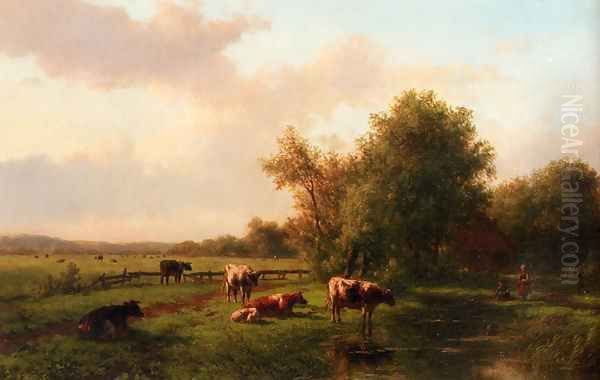 A Landscape With Cows On A Riverbank, A Farm Beyond Oil Painting by Willem Vester