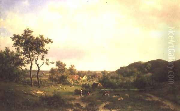 Dutch Landscape with cows and figures Oil Painting by Willem Vester