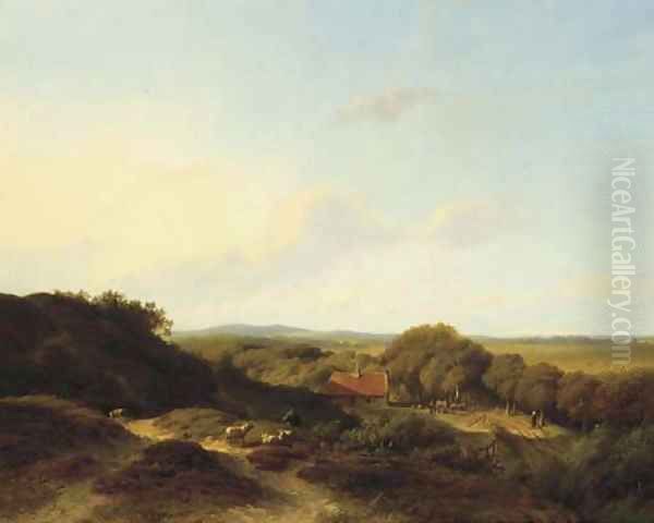 A panoramic dune landscape with a sportsman in the foreground Oil Painting by Willem Vester