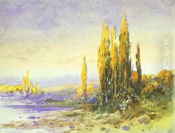 Lombardy Poplars on the Bank of a Lake, Evening Oil Painting by Feodor Alexandrovich Vasilyev