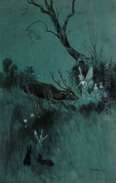 A stag brought low by shot from bow, long dying, his last moments soothed by nature's softest mood Oil Painting by Raymond John Vandenbergh