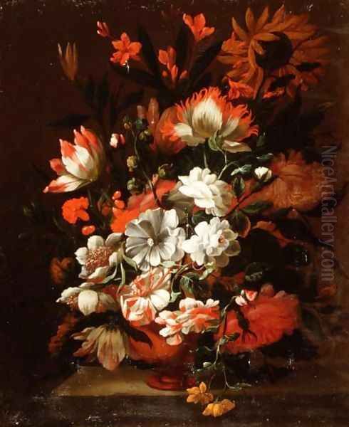 Tulips, carnations, sunflowers and other flowers in an urn on a stone ledge Oil Painting by Simon Pietersz. Verelst