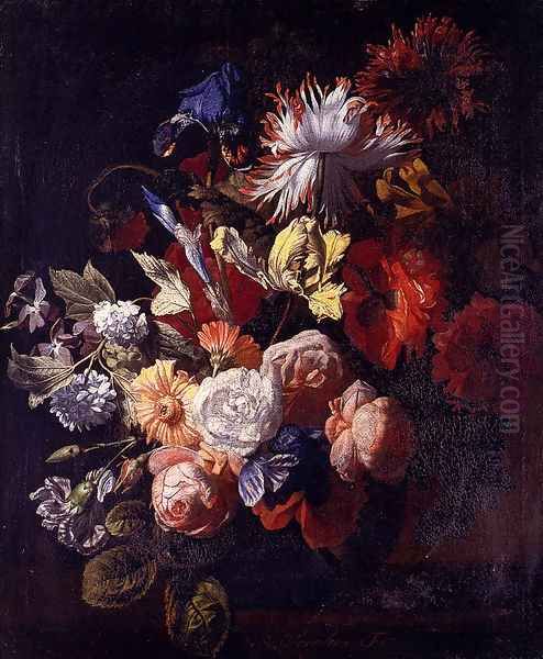 Still Life Of Irises, Poppies, Roses, Tulips, Peonies, Snowballs And Other Flowers In A Vase On A Stone Ledge Oil Painting by Simon Pietersz. Verelst