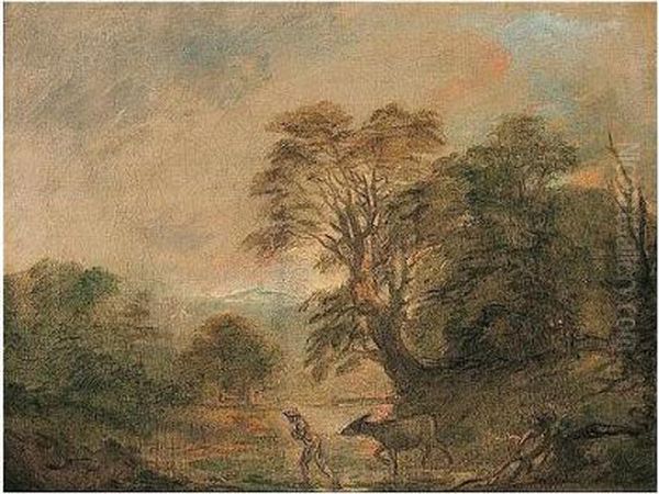 Landscape With A Rustic Leading A Donkey Across A Stream At Dusk Oil Painting by Thomas Barker of Bath