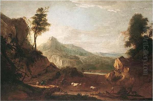 A Mountainous Landscape With Rustics In The Foreground Oil Painting by Thomas Barker of Bath