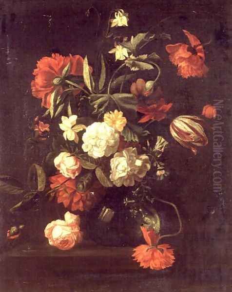 Roses, tulips, peonies and other flowers in a vase Oil Painting by Simon Pietersz. Verelst