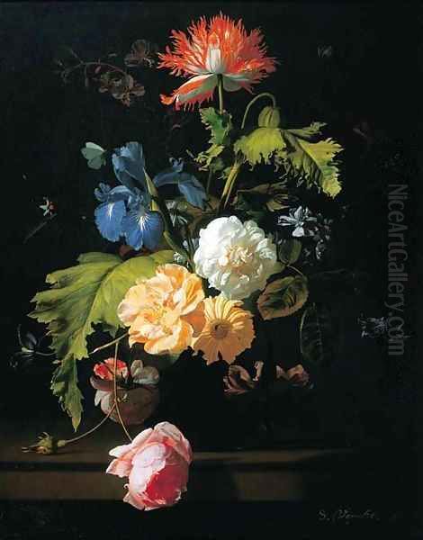 Roses, irises, poppies and other flowers in a glass vase on a ledge Oil Painting by Simon Pietersz. Verelst