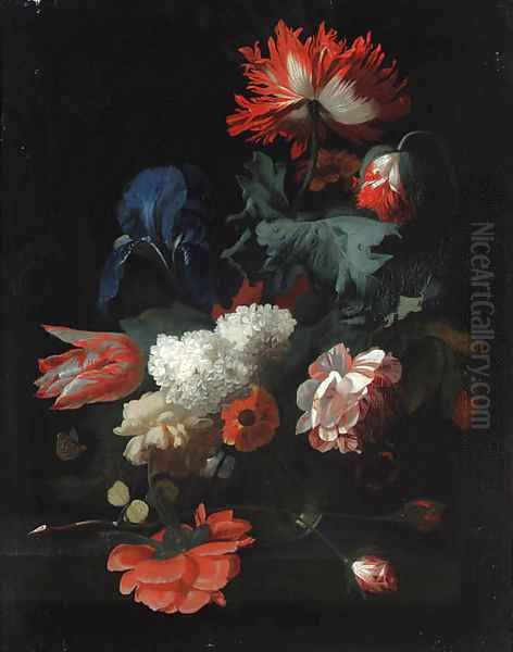 Tulips, poppies, lilac, an iris and other flowers in a vase, with two butterflies, on a stone ledge Oil Painting by Simon Pietersz. Verelst