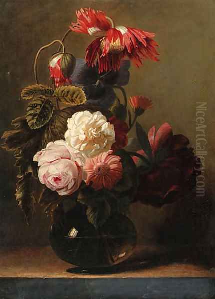 Roses and peonies in a glass vase on a ledge Oil Painting by Simon Pietersz. Verelst