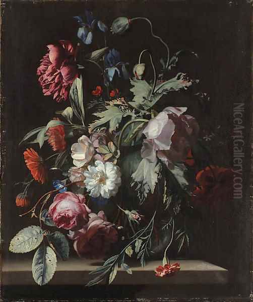 Roses, irises, poppies, a paeony, morning glory, carnations and other flowers in a vase, on a stone table Oil Painting by Simon Pietersz. Verelst