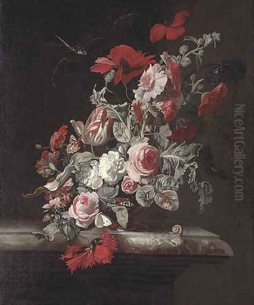 Roses, a parrot tulip, poppies, carnations and other flowers in an urn with a dragonfly Oil Painting by Simon Pietersz. Verelst