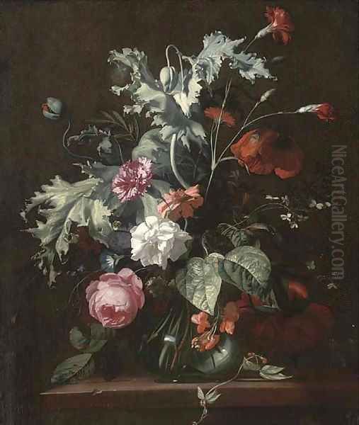 Roses, morning glory and other flowers in a glass vase on a wooded ledge Oil Painting by Simon Pietersz. Verelst