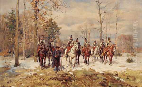 German cavalry in a winter landscape Oil Painting by Wilhelm Velten