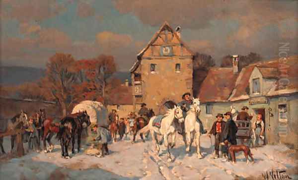 Travellers outside an inn Oil Painting by Wilhelm Velten