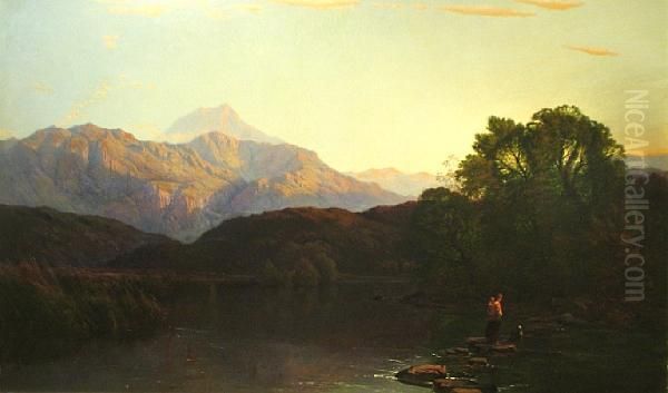 A Mountainous Landscape At Sunset With A Figure By A Rocky Stream Oil Painting by Henry John Boddington