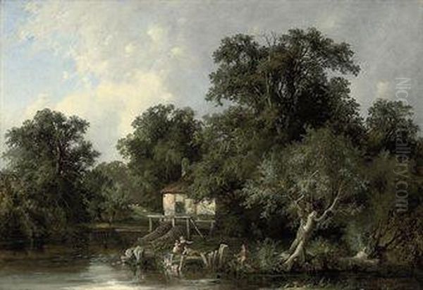 Young Anglers By A Watermill Oil Painting by Henry John Boddington