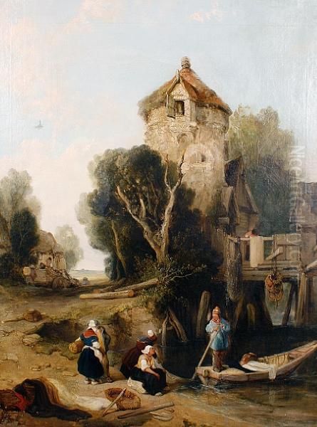 Figures On The River Bank, Before Atower Oil Painting by Henry John Boddington