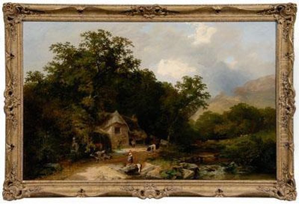 A Wooded Landscape With Cottage And Figures Oil Painting by Henry John Boddington