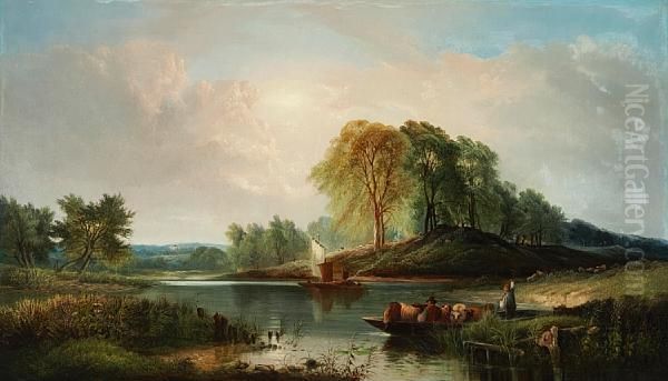 Sheep Being Ferried Across A River Oil Painting by Henry John Boddington