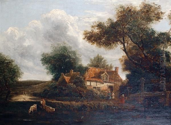 Cattle Watering By A Cottage Oil Painting by Henry John Boddington