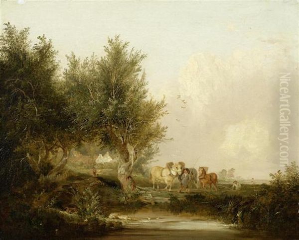 Peasants Working The Fields With Horses Oil Painting by Henry John Boddington