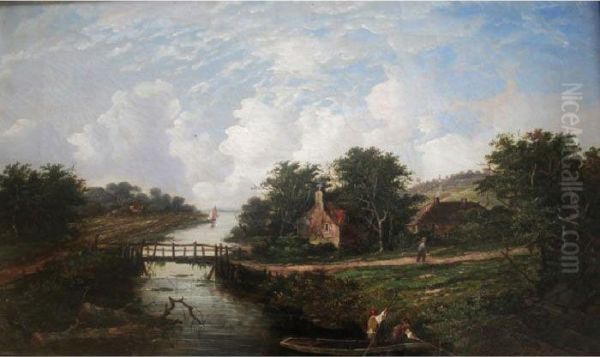 River Landscape With Figures In A Punt Near A Homestead Oil Painting by Henry John Boddington