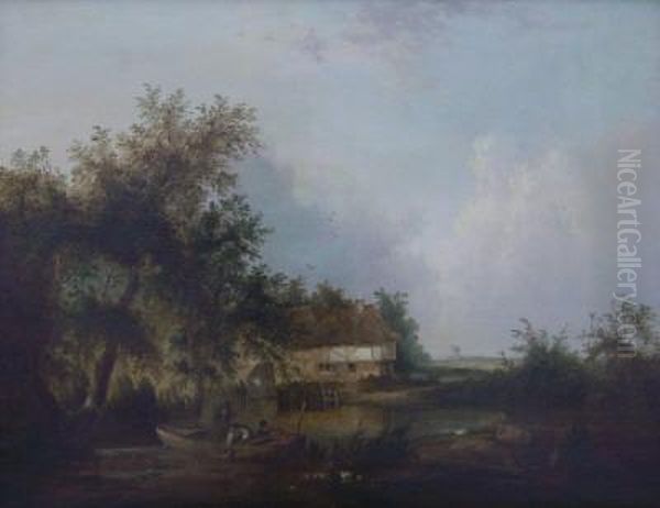 Three Men Fishing In A Boat On A
 Pond, Two Sheep Inforeground, A Woman On Jetty Before A Thatched 
Cottage Inbackground, A Windmill In The Distance Oil Painting by Henry John Boddington