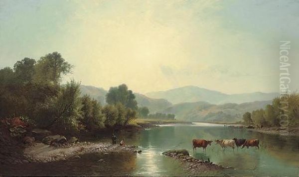 Cattle Watering In A Summer Landscape Oil Painting by Henry John Boddington