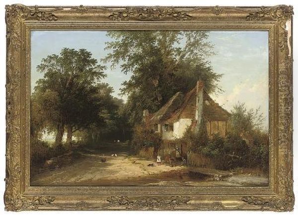 Figures Before A Cottage On A Wooded Lane Oil Painting by Henry John Boddington