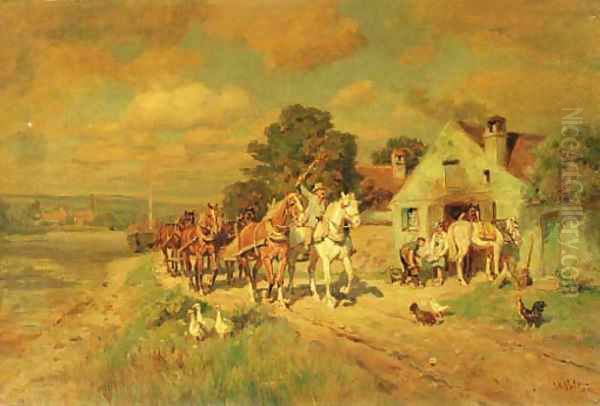 Horses on a country path Oil Painting by Wilhelm Velten