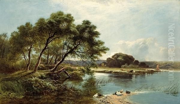 An Extensive River Landscape With Ducks On The Bank In The Foreground Oil Painting by Henry John Boddington