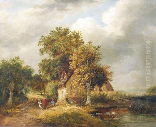 Figures On A Country Lane By A Cottage Oil Painting by Henry John Boddington