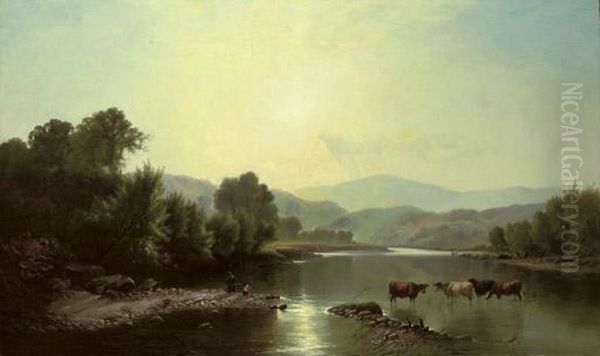 Cattle Watering In A Summer Landscape Oil Painting by Henry John Boddington