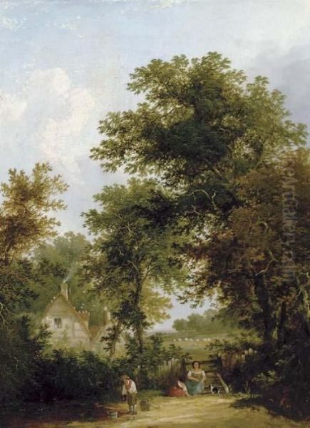 Leisure Time In The Countryside; And Another Landscape With Figures Conversing At A Gate Oil Painting by Henry John Boddington