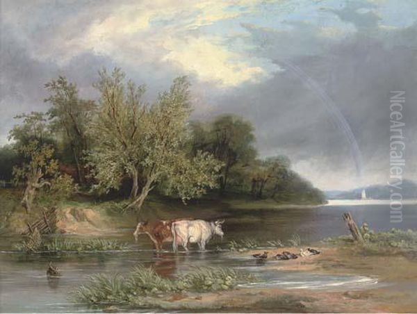 Cattle Watering In A Wooded Landscape Oil Painting by Henry John Boddington