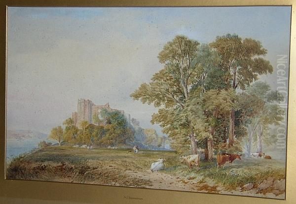 Sheep And Cattle Grazing By Castle Ruins Oil Painting by Henry John Boddington