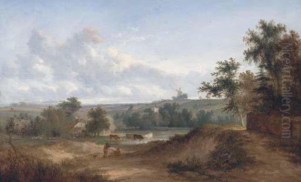 Drovers Resting In An Extensive Landscape, A Windmill Beyond Oil Painting by Henry John Boddington