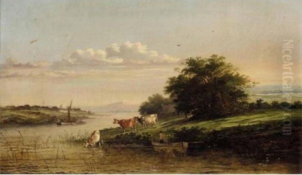 River Landscape With Cattle Watering Oil Painting by Henry John Boddington