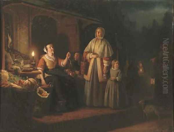 Buying berries on the nightmarket Oil Painting by Johannes Christoffel Vaarberg