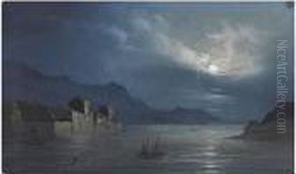 Marina Al Chiaro Di Luna Oil Painting by Carlo Bossoli