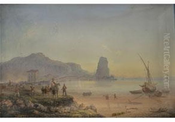 Mittelmeerlandschaft Mit 
Historischer Szenerie Der Italienischenbefreiungskriege Unter Garibaldi Oil Painting by Carlo Bossoli