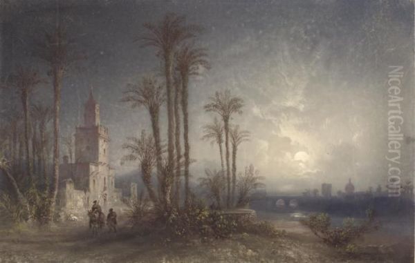 A Moonlit River, Oriental Buildings And Palm Trees, Two Travellersin The Foreground Oil Painting by Carlo Bossoli