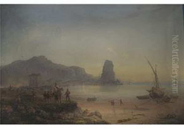 Mittelmeerlandschaft Mit 
Historischer Szenerie Der Italienischen Befreiungskriege Unter Garibaldi Oil Painting by Carlo Bossoli