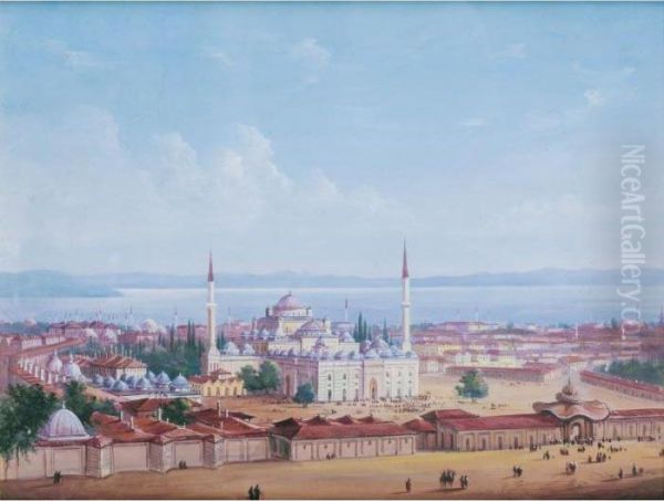 Mosquees A Constantinople Oil Painting by Carlo Bossoli