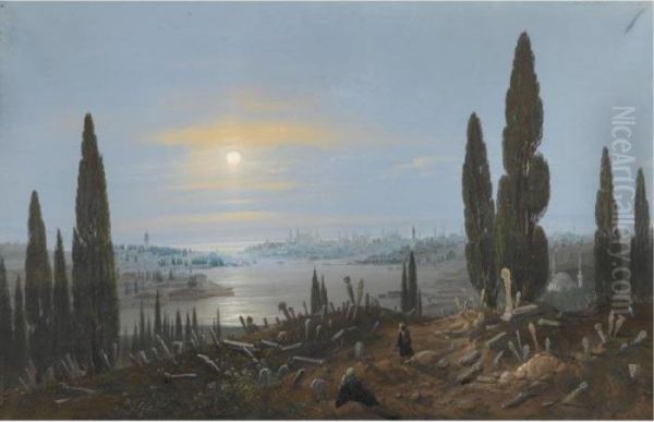 View Of Constantinople By Moonlight From Eyup Oil Painting by Carlo Bossoli