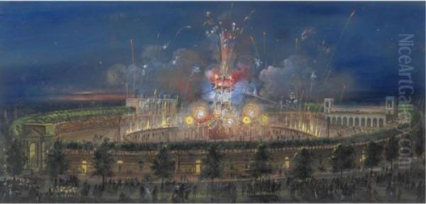 Arena Di Milano, Spettacolo Pirotecnico Oil Painting by Carlo Bossoli