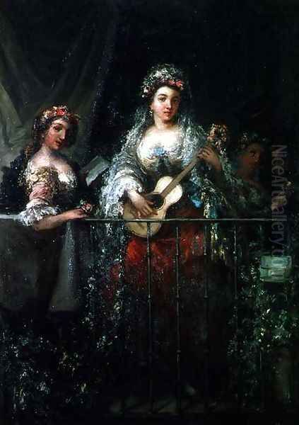 Ladies on a Balcony, 1862 Oil Painting by Eugenio Lucas Velazquez