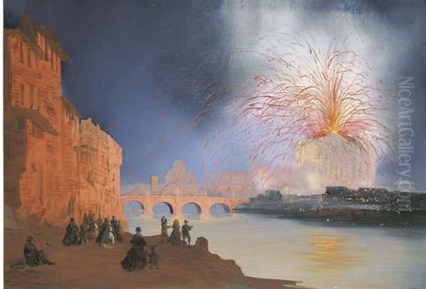 Roma, Fuochi D'artificio A Castel S.angelo Oil Painting by Carlo Bossoli