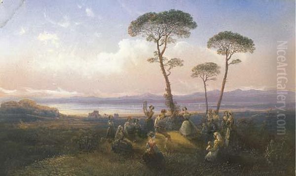 Tarantella Nel Paesaggio Napoletano Oil Painting by Carlo Bossoli